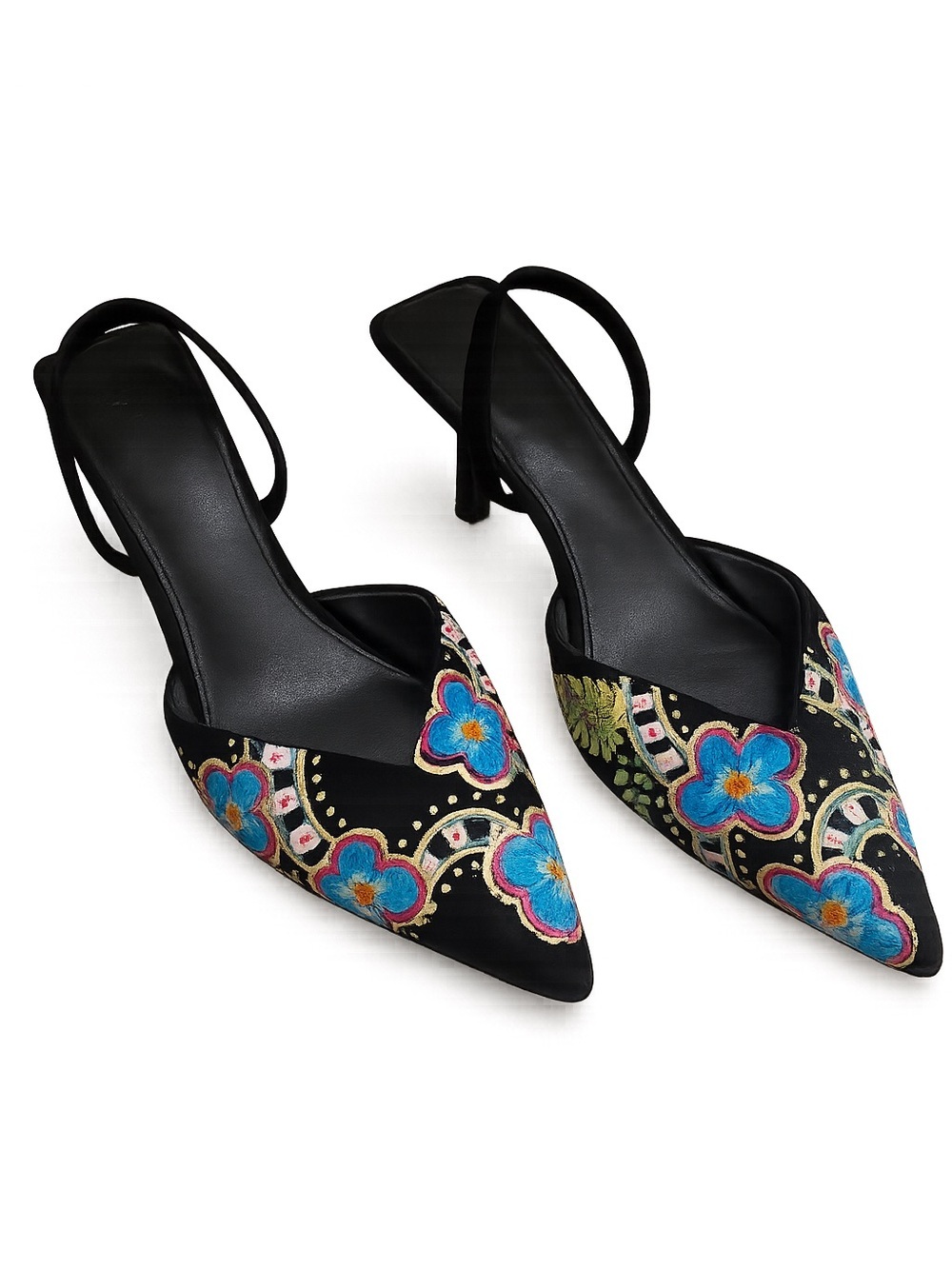 Hand Painted Floral Slingback Kitten Heels Size 40 Boho Artwear Pointed Toe